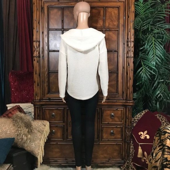 NWOT Tribal Ivory Chenille Drawstring Grommet Curved Hem Sweater Hoodie - Picture 8 of 16